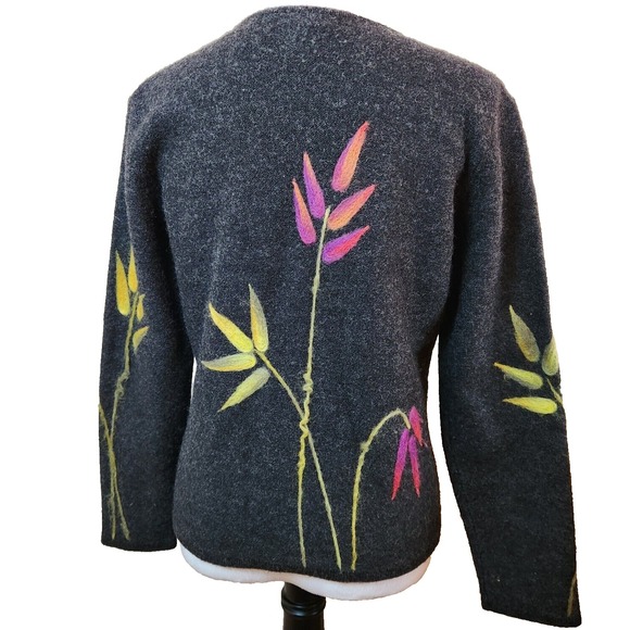 Vtg Talbots Womens Cardigan Sweater Sz Small Charcoal Gray Wool & Felt Leaf Top - Picture 5 of 16